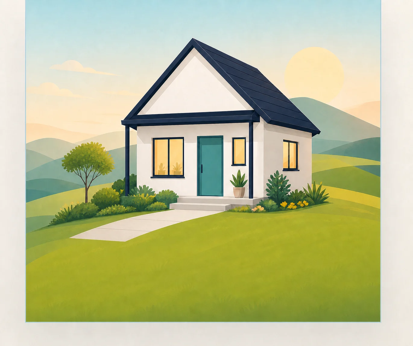 A welcoming home with warm lights, a teal front door, and landscaped green hills at sunset